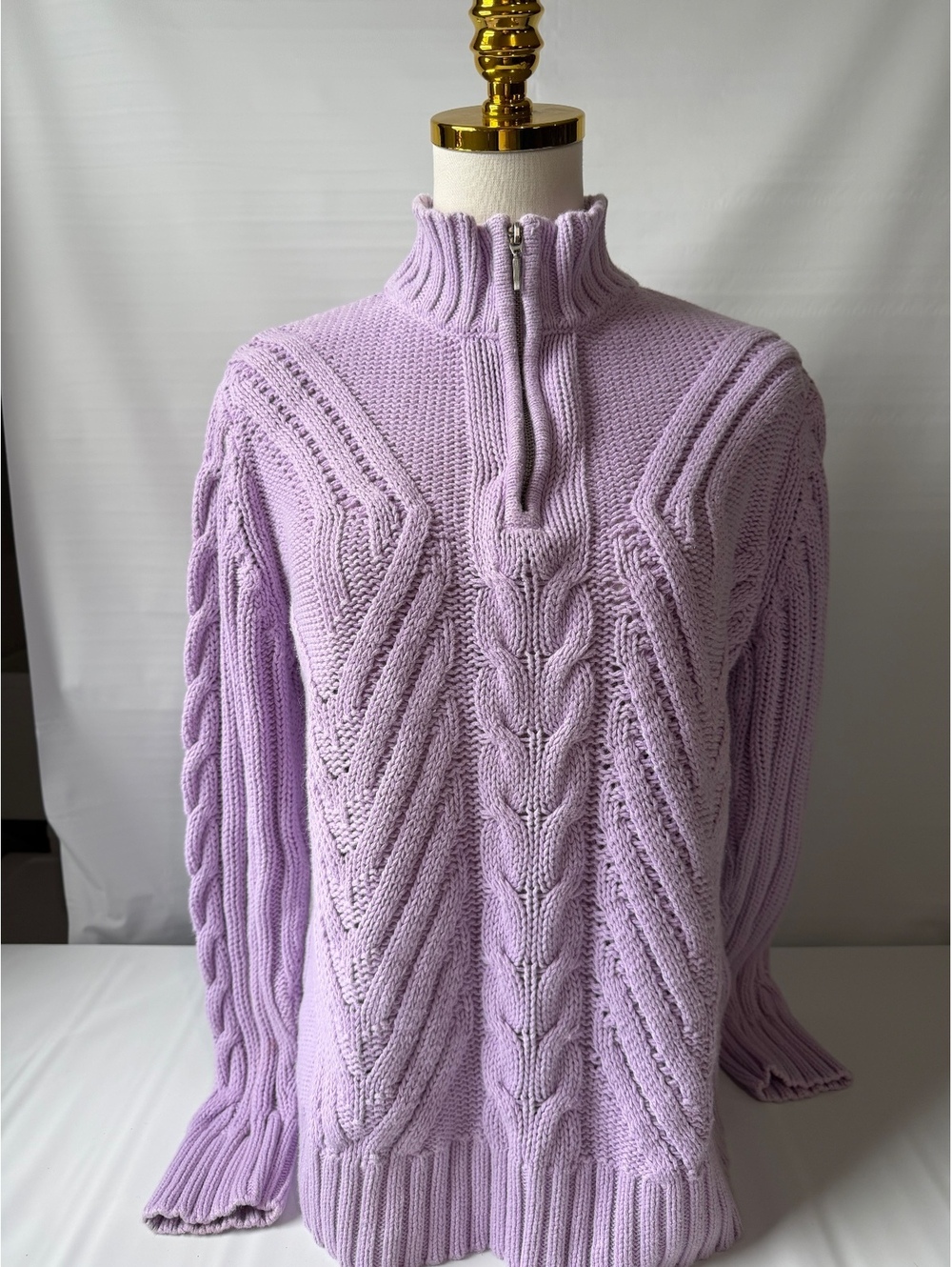NorthCrest Womens L 14-16 Lavender Cable Knit Quarter Zip Cotton Ramie Sweater